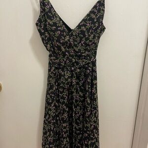 Black Floral V-Neck Midi Wrap style dress with Tie Waist